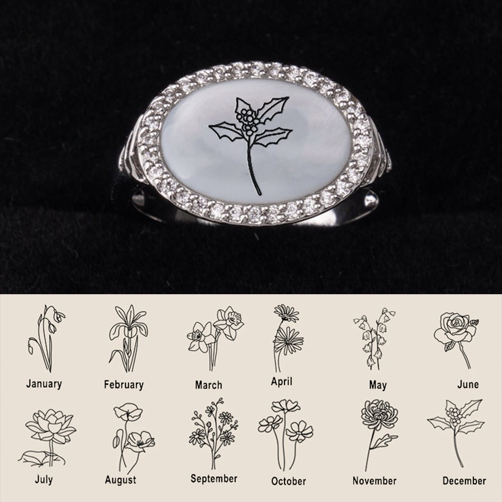 Personalised Shell Birth Flower Ring Floral Signet Ring Mother's Day, Christmas Gift