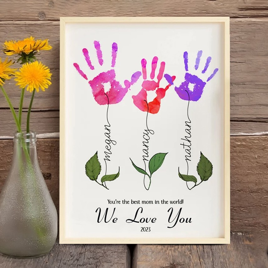 Best Mum In The World Custom Flower DIY Handprint Art Frame Gift for Mum Grandma 