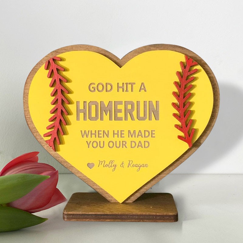 Personalised God Hit A Homerun When He Made You Our Dad Heart Shaped Baseball Sign Father's Day Gift