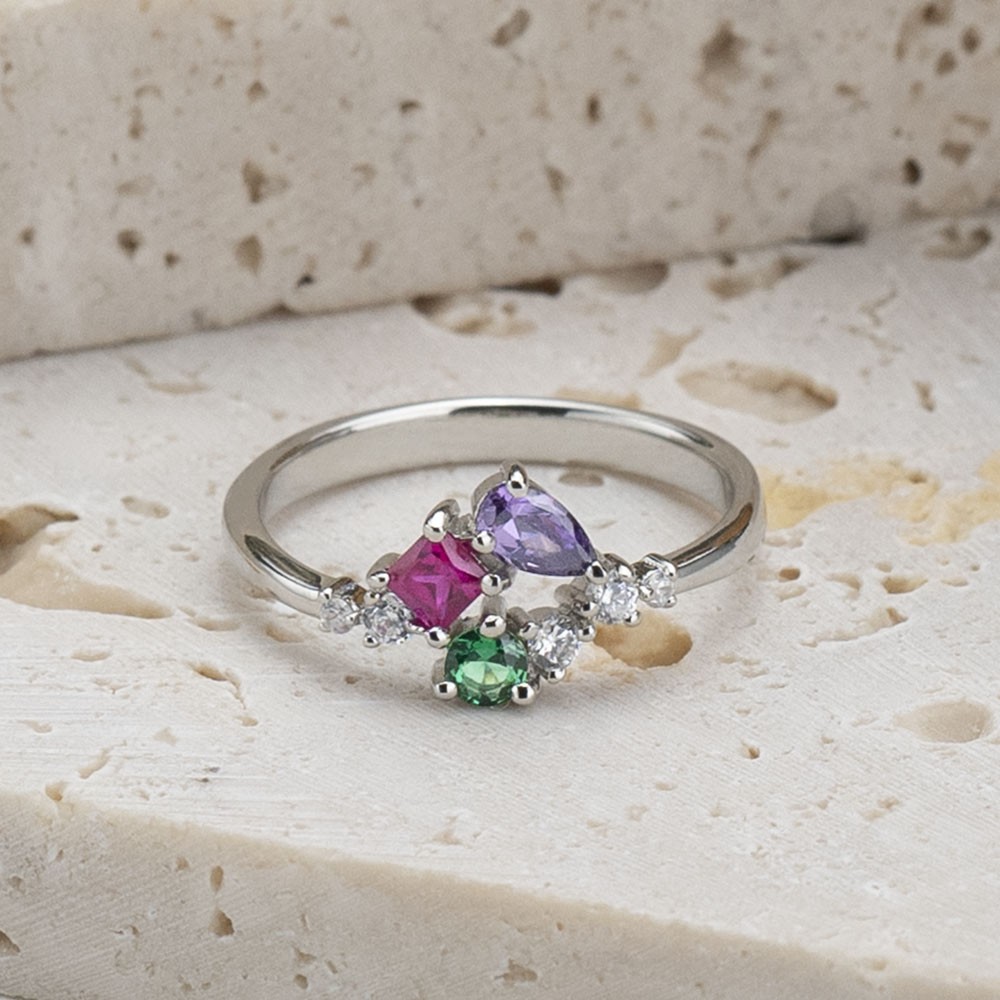 Personalised Round Drop Square Birthstone Ring Valentine's Day Gift For Her Wife Mother's Day Gift For Mum Nana