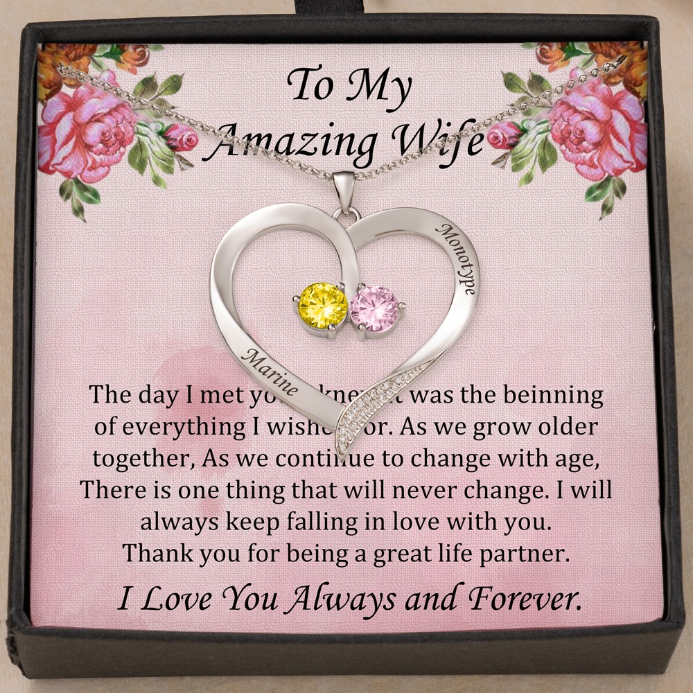 To My Amazing Wife Personalised Heart Shaped Couple Necklace With Names And Birthstone Design Unique Anniversary Gifts For Wife Valentine's Day Gifts Ideas