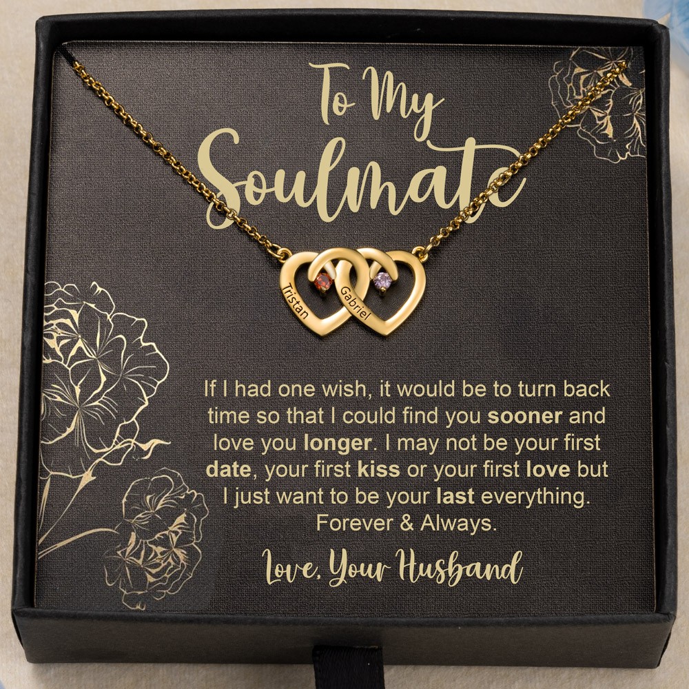 Personalised To My Soulmate Names Birthstone Double Heart Necklace Anniversary Valentine's Day Gifts For Wife Her