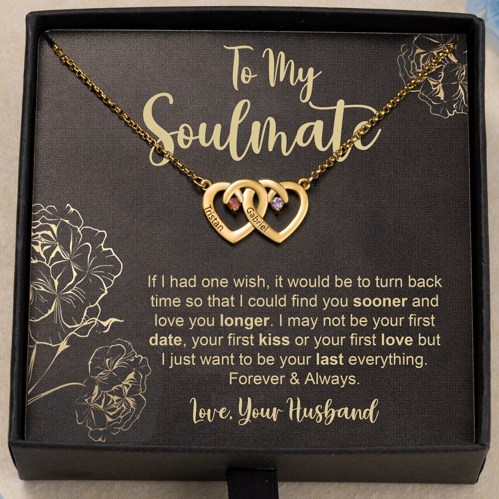 Personalised To My Soulmate Double Heart Birthstone Necklace with Names Gifts for Her Anniversary Gifts Valentine's Day Gifts