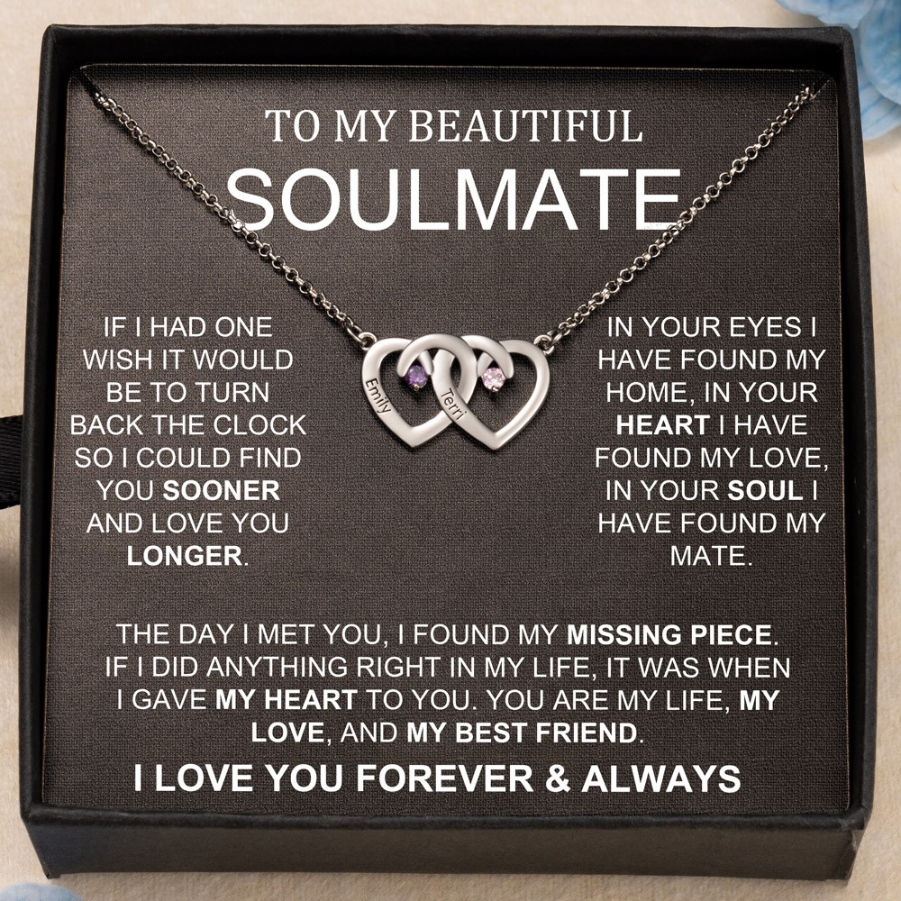 To My Soulmate Personalised Heart Shaped Birthstone Couple Necklace Anniversary Gift for Wife Gift Ideas for Girlfriend