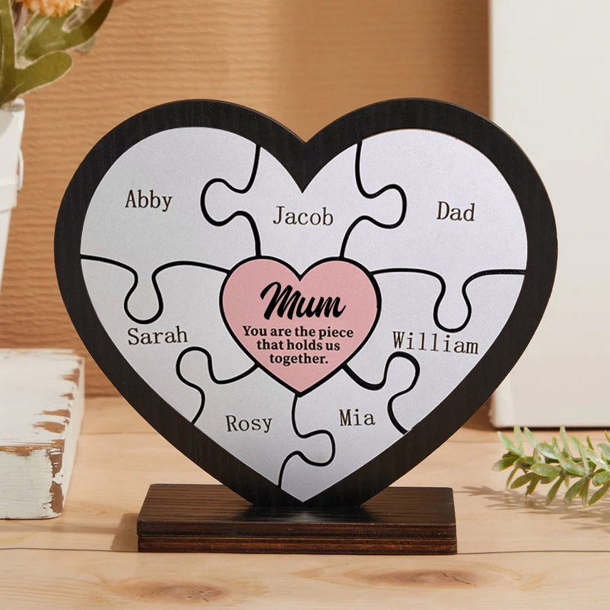 Personalised Heart Shaped 1-16 Names Puzzle Pieces Name Sign Gift For Mum Wife Her