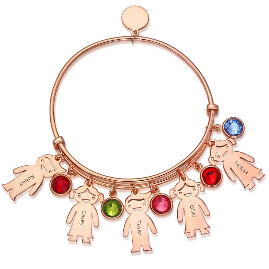 18K Rose Gold Personalised Bangle Bracelet With 1-10 Birthstones Kids Charms