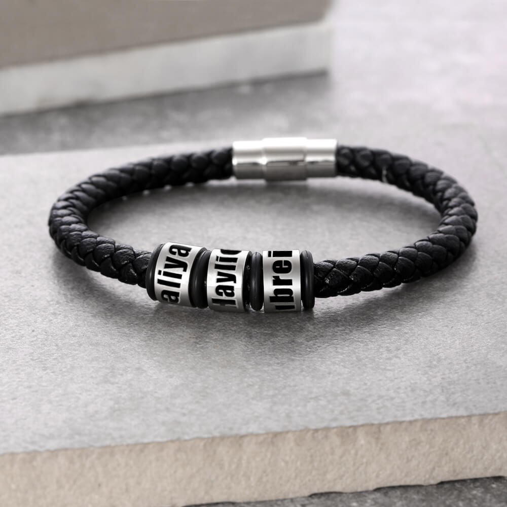 Personalised Black Leather Bracelet With 1-10 Beads