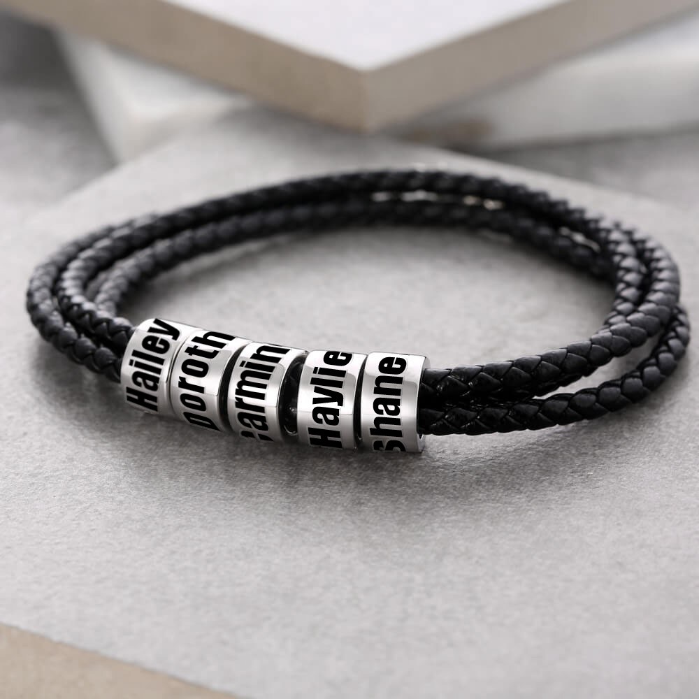 Braided Leather Bracelet with Small Custom Beads In Silver