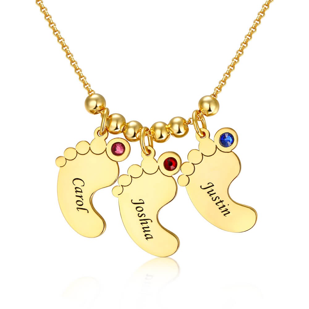 18K Gold Plating Personalised 1-10 Baby Feet Shape Pendants Name Necklace with Birthstones