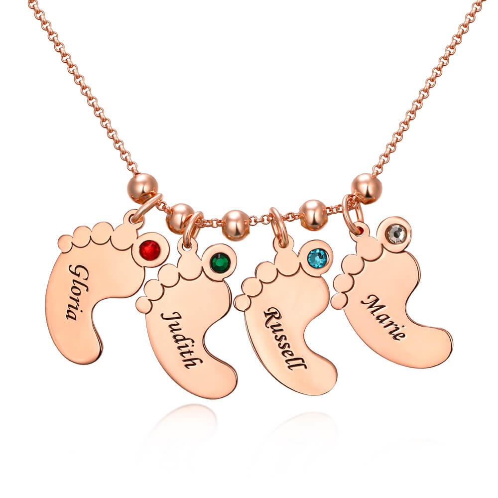18K Rose Gold Plating Personalised 1-10 Baby Feet Shape Pendants Name Necklace with Birthstones