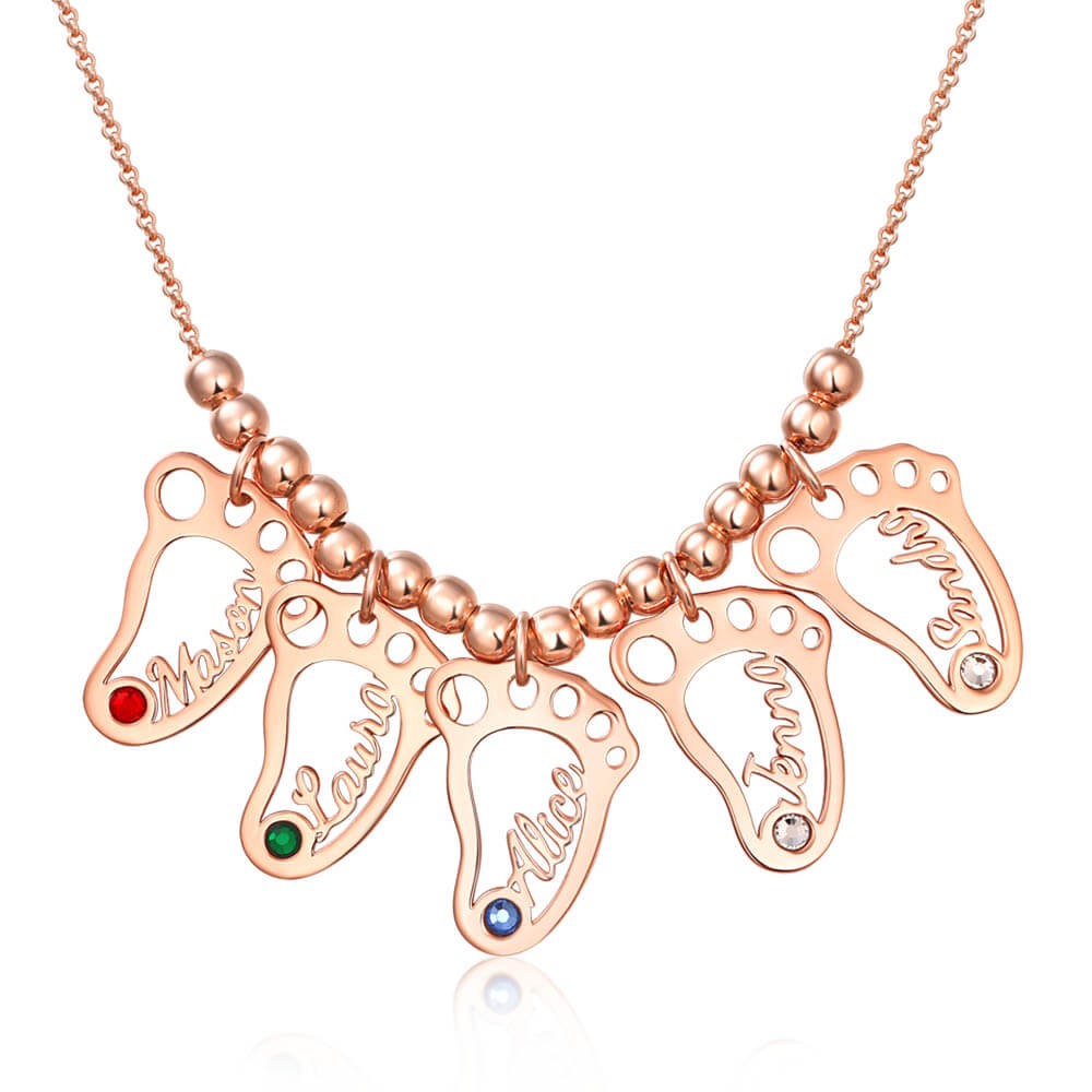 18K Rose Gold Plating Personalised 1-10 Baby Feet Shape Pendants Name Necklace with Birthstones Mother's Necklace