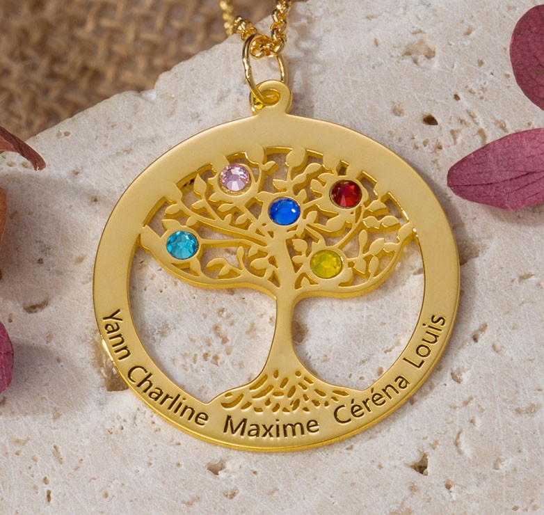 Personalised Tree of Life Name Birthstone Necklace Gift for Mum Grandma Wife