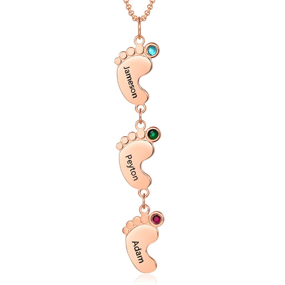 18K Rose Gold Plating Personalised Mum Necklace With Baby Feet 1-10 Pendants