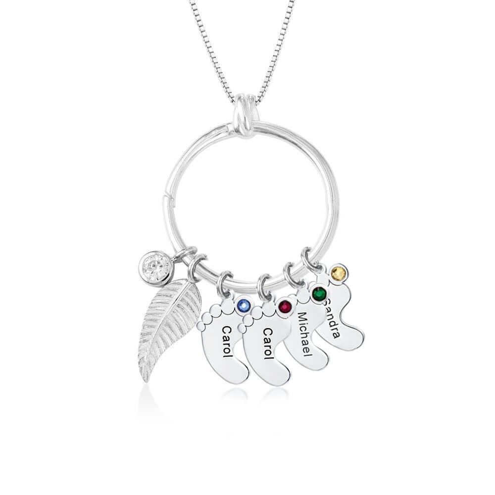 Personalised Leaf Charm Circle with 1-8 Baby Feet Shape Pendants Perfect Mother's Day Gift