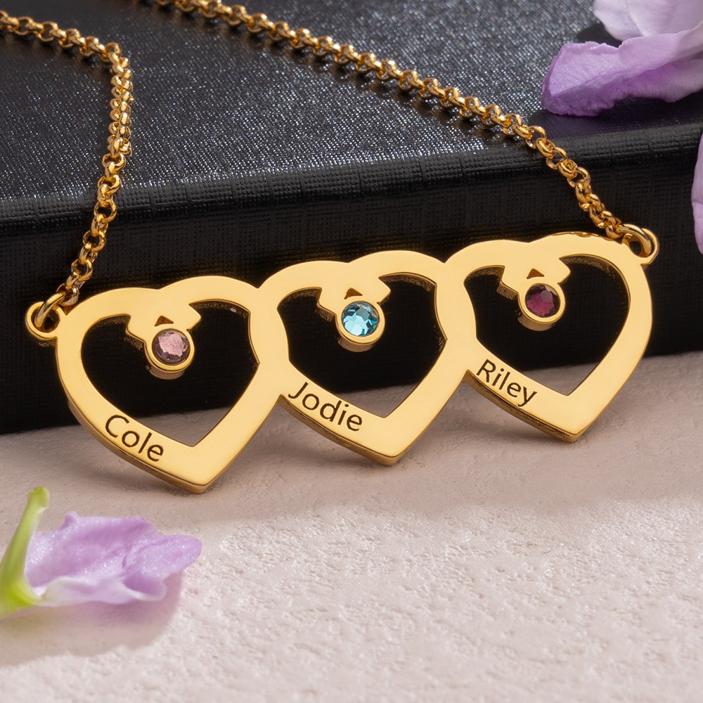 Personalised Heart Charms Names Birthstones Necklace Love Anniversary Gift For New Mum Wife Grandma Girlfriend Her