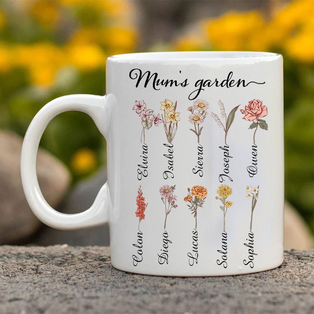 Personalised Mum's Garden Birth Flower Mug with Kids Names Keepsake Gift Christmas Gift Ideas for Mum Grandma New Mum Gift