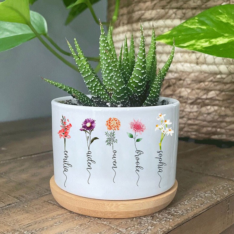 Personalised Birth Month Flower Succulent Plant Pot With Names Gift for Mum Grandma Mother's Day Gift