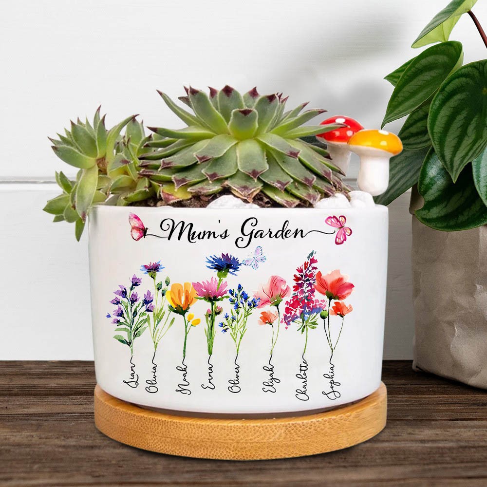 Personalised Mum's Garden Birth Flower Mini Succulent Plant Pot with Kids Names Gift Ideas for Mum Grandma