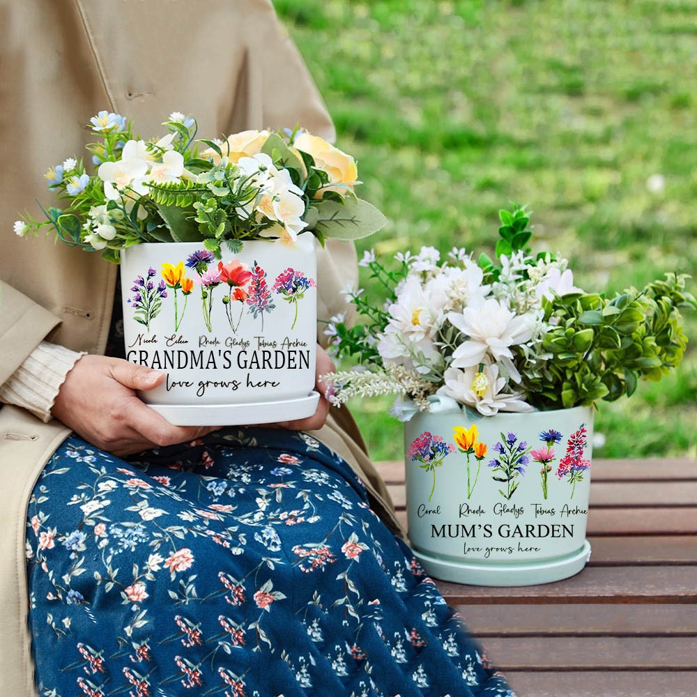 Personalised Mum's Garden Outdoor Birth Flower Plant Pot with Kids Names Gift Ideas for Mum Grandma Family Gifts 