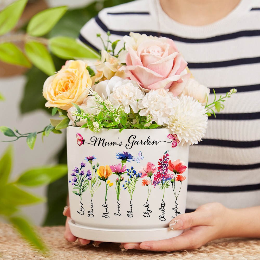 Custom Mum's Garden Birth Month Flower Outdoor Plant Pot with Kids Names Love Gifts for Mum Grandma Birthday Gifts