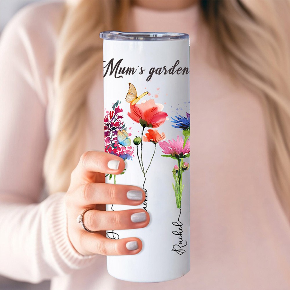 Custom Mum's Garden Birth Flower Tumbler with Kids Names Unique Gifts for Mum Christmas Gifts for Grandma 