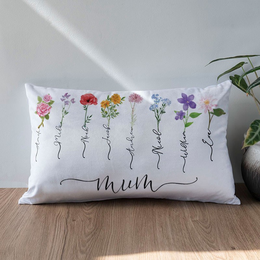 Personalised Birth Month Flower Mum Pillow with Kids Names Mother's Day Gift