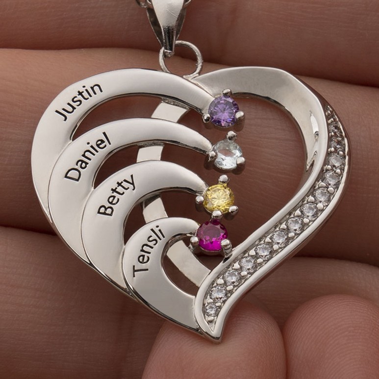 Personalised Heart Name Necklace with 1-6 Birthstones Designs