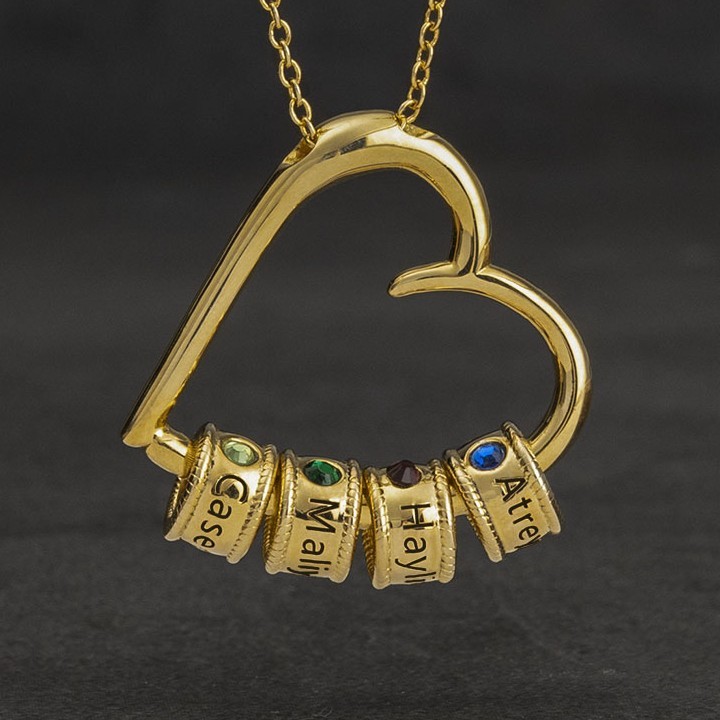 Personalised Heart Shape Pendant Family Engraved Necklace With Kids Names Beads And Birthstones Birthday Gifts For New Mum Unique Gift For Mum Grandma Mother's Day Gift Ideas