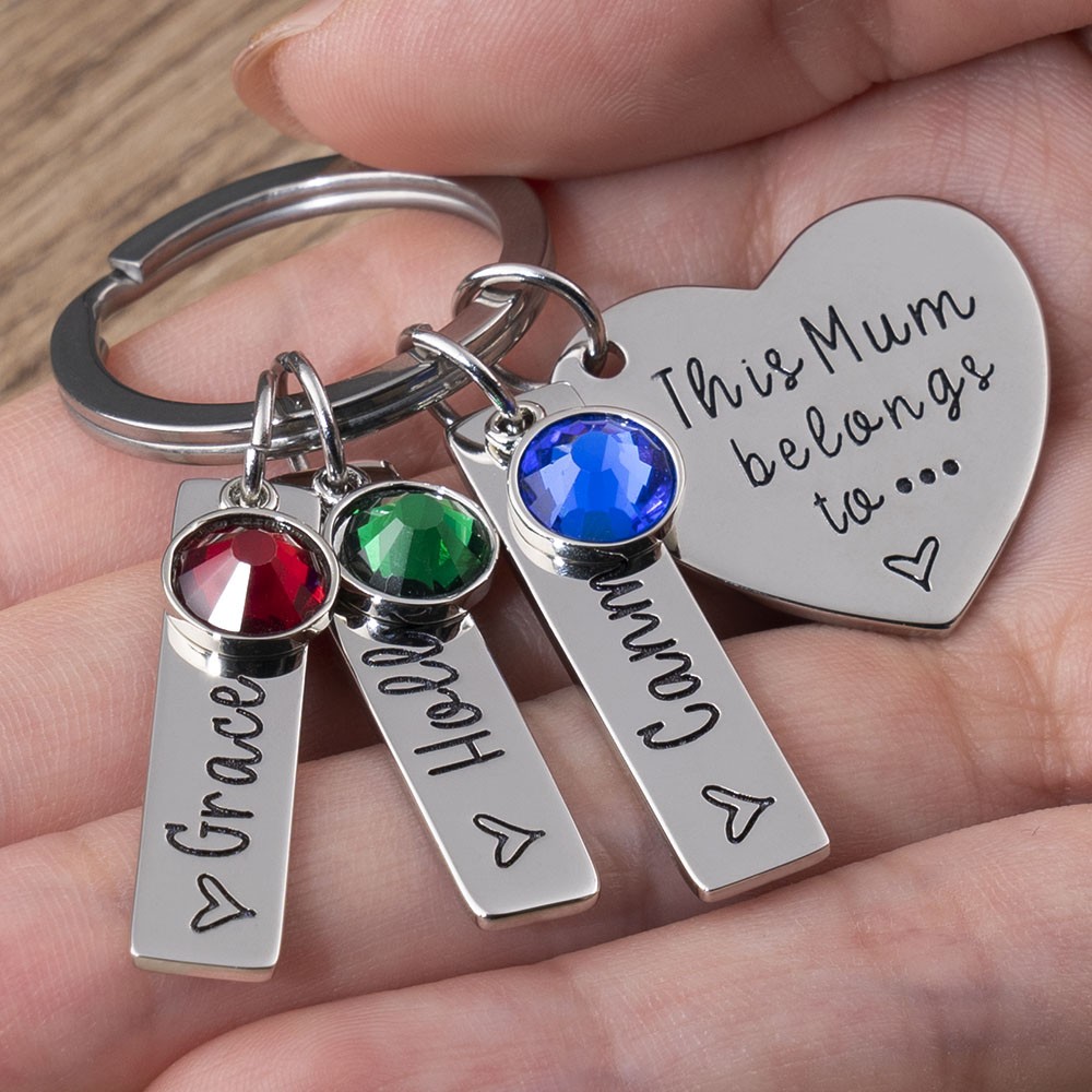 Personalised 1-10 Engraving Names Bar Birthstone Charm Keychain Gift For Mum Grandma Her