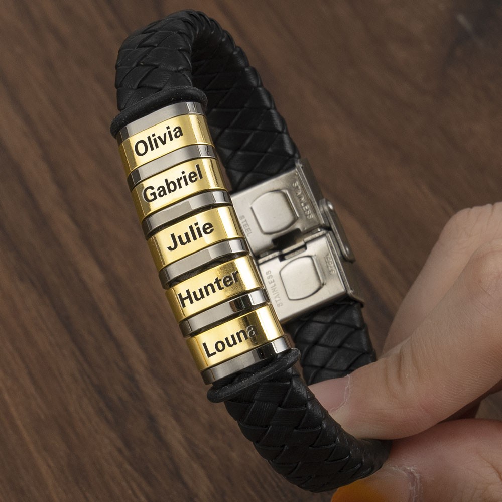 Personalised Mens Beads Braid Leather Bracelet With 1-10 Beads
