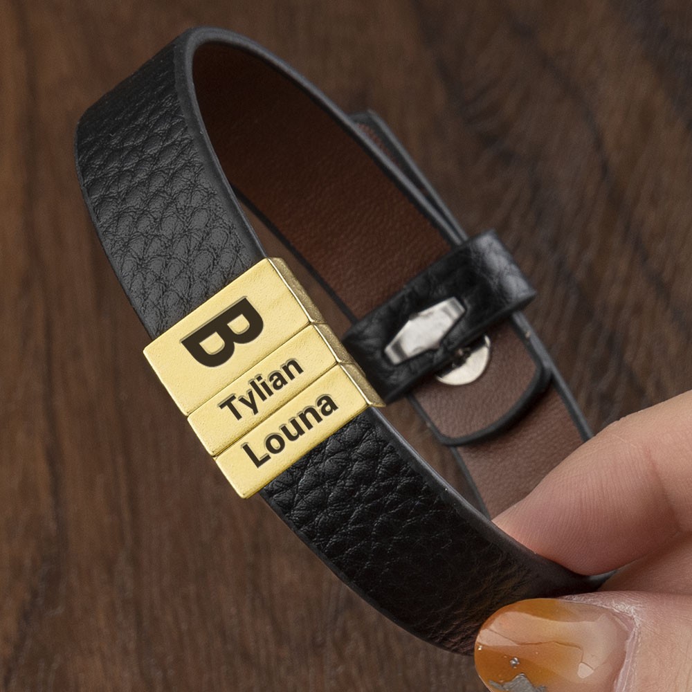 Personalised Leather Beads Bracelet With Dad And Children's Name Engraving Unique Gift For Men