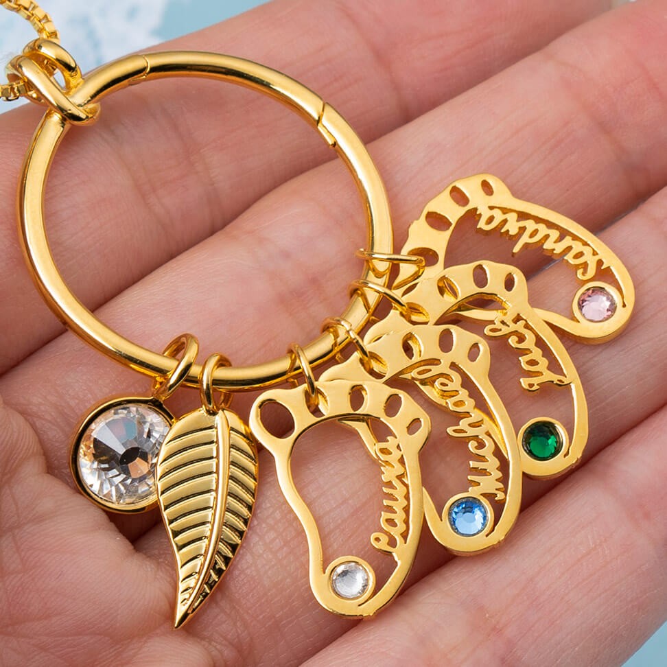 Personalised Circle 1-8 Hollow Baby Feet Shape Pendants with Birthstones Perfect Mother's Day Gift