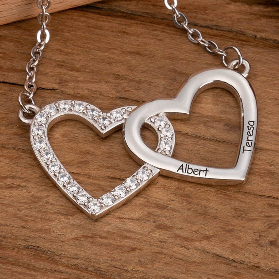 Personalised Hearts To Hearts Names Engraved Necklace Love Birthday Gift For Mum Grandma Her