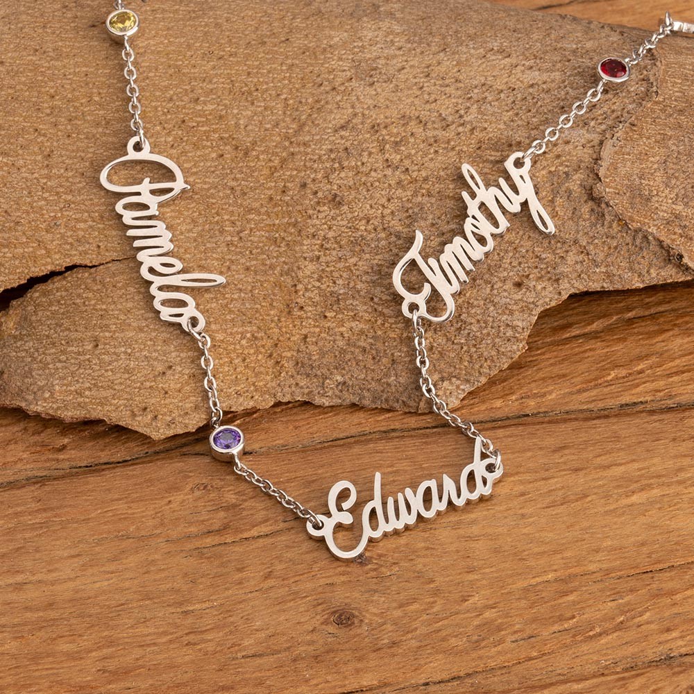 Silver Personalised 1-6 Names and Birthstones Necklace Gift For Grandma Mum Wife Her