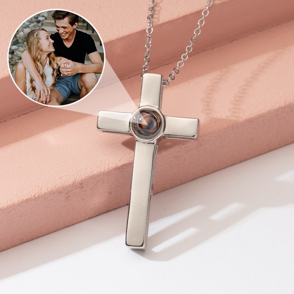 Personalized Couple Cross Photo Projection Necklace With Picture Inside, Anniversary Gift For Couple Unique Christian Gift For Man