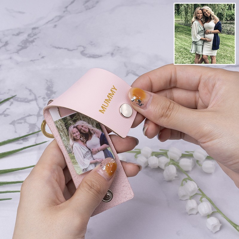 Personalised Pink Leather Engraved Photo Keychain