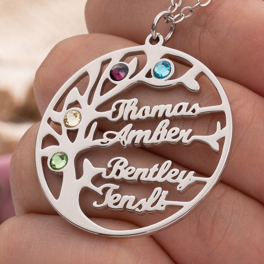 Personalised Family Life of Tree Names Birthstones Necklace Gift For Wife Mum Grandma Her
