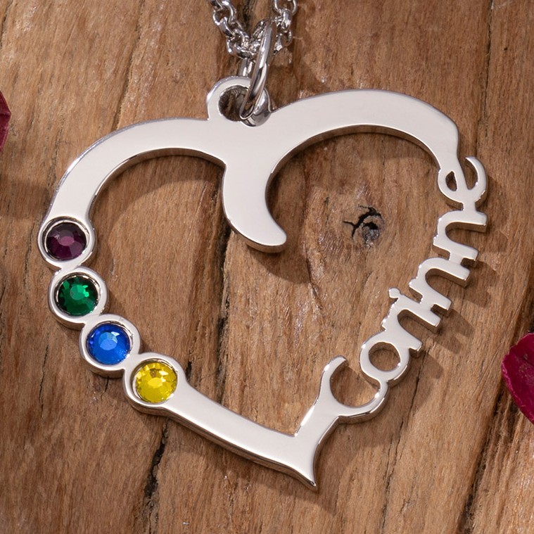 Personalised 1-5 Birthstones Heart Necklace With Name