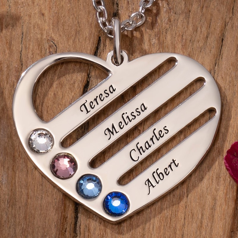 Personalised 1-4 Birthstones and Engravings Heart Necklace Gift For Her Mum Wife Grandma