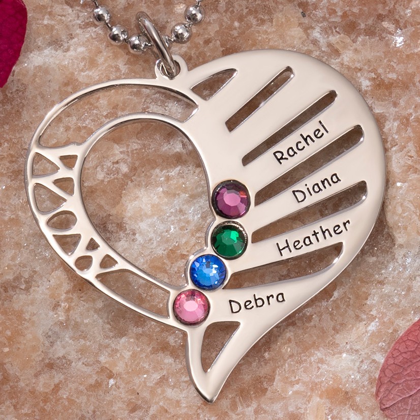 Personalised Heart Shape Name Necklace with 1-6 Birthstones Custmised Mother's Necklace