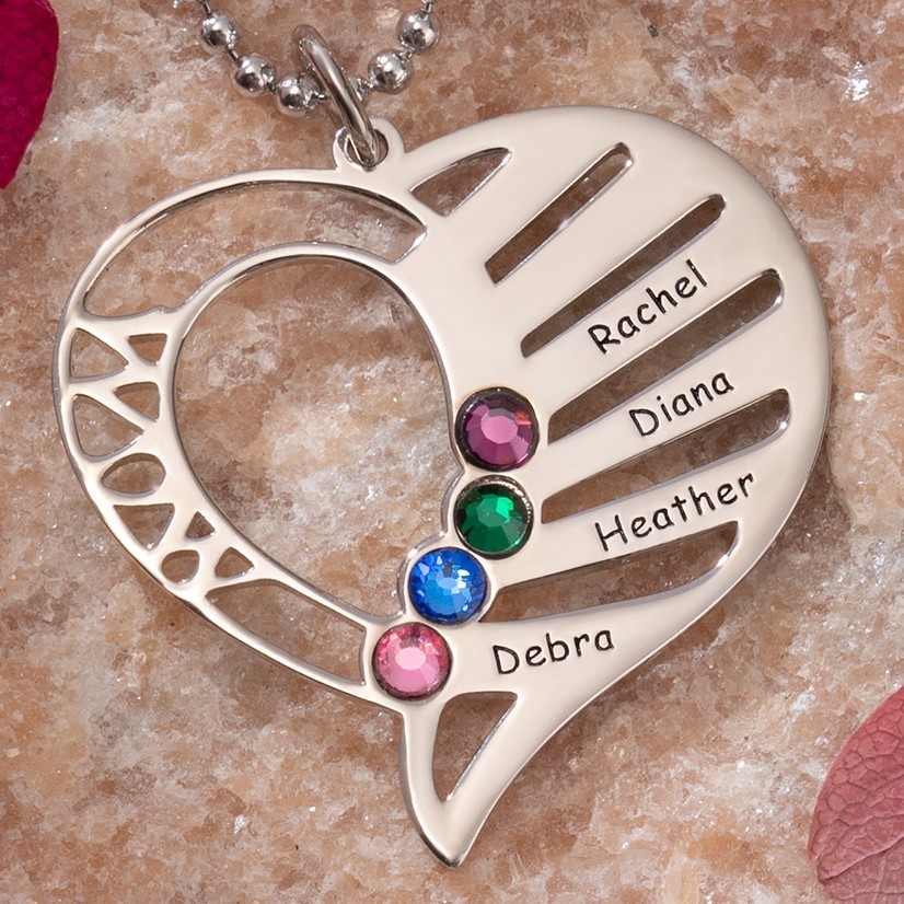 Personalised Heart Shape Name Necklace with 1-6 Birthstones Gift For Mum Her Grandma