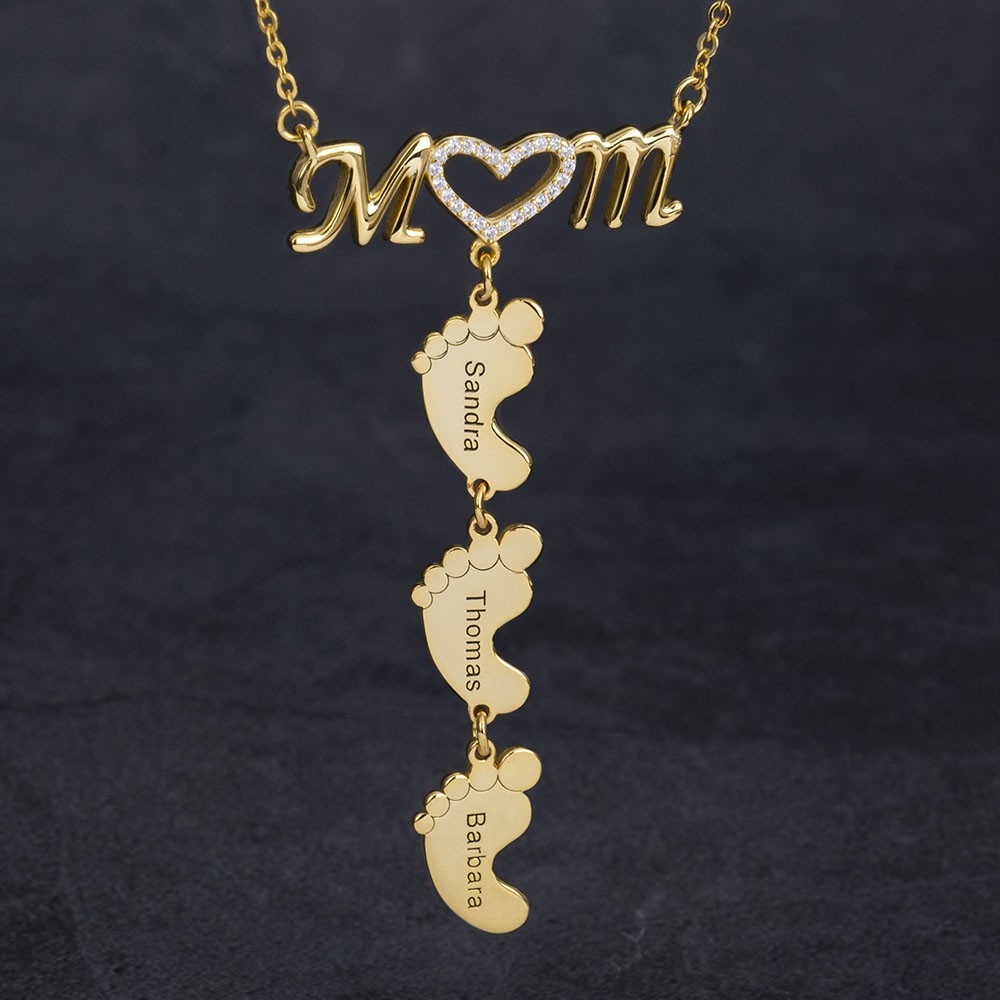 Personalised Inlay Mom Necklace With Baby Feet Pendant 1-10 Pendants