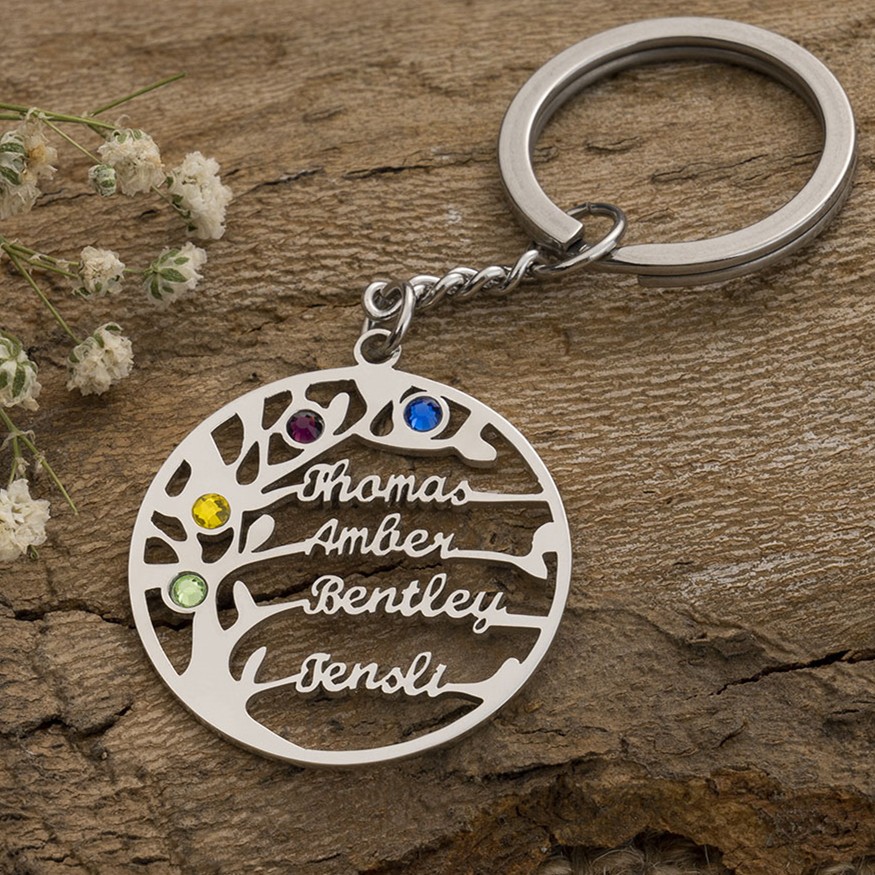 Personalised 1-8 Names Birthstones Family Tree Keychain Gift For Mum Grandma Her