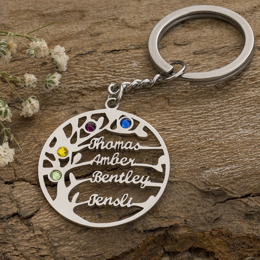 Personalised Family Tree Name Keychain with 1-8 Names Birthstones