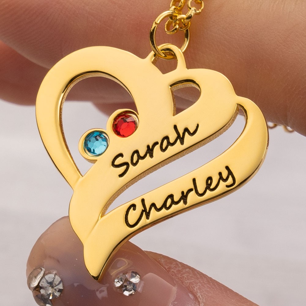 Personalised Heart Couple Name Birthstone Necklace Unique Love Gift Idea For Girlfriend Wife Her