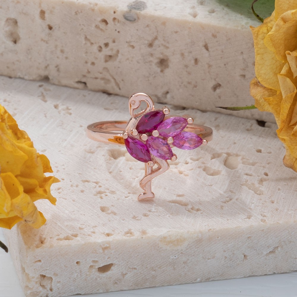 Sterling Silver Pink Flamingo Tropical Bird Ring Gift For Animal Lover