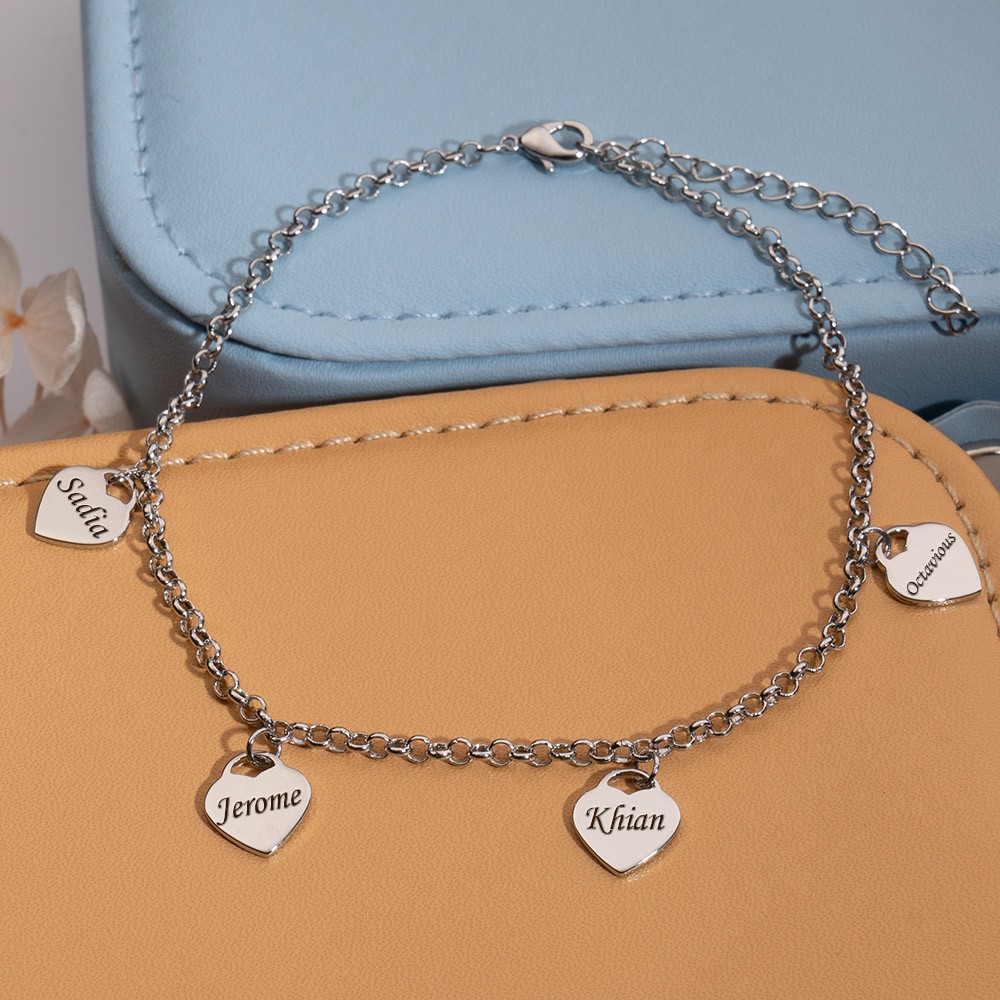 Personalised Heart Charms Engraved Names Bracelet Gift for Her Mum