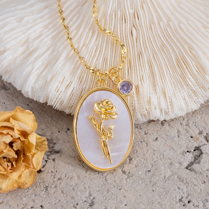 Personalised Birth Month Flower Mother Shell Gold Necklace With Birthstone Gifts For Mum Her