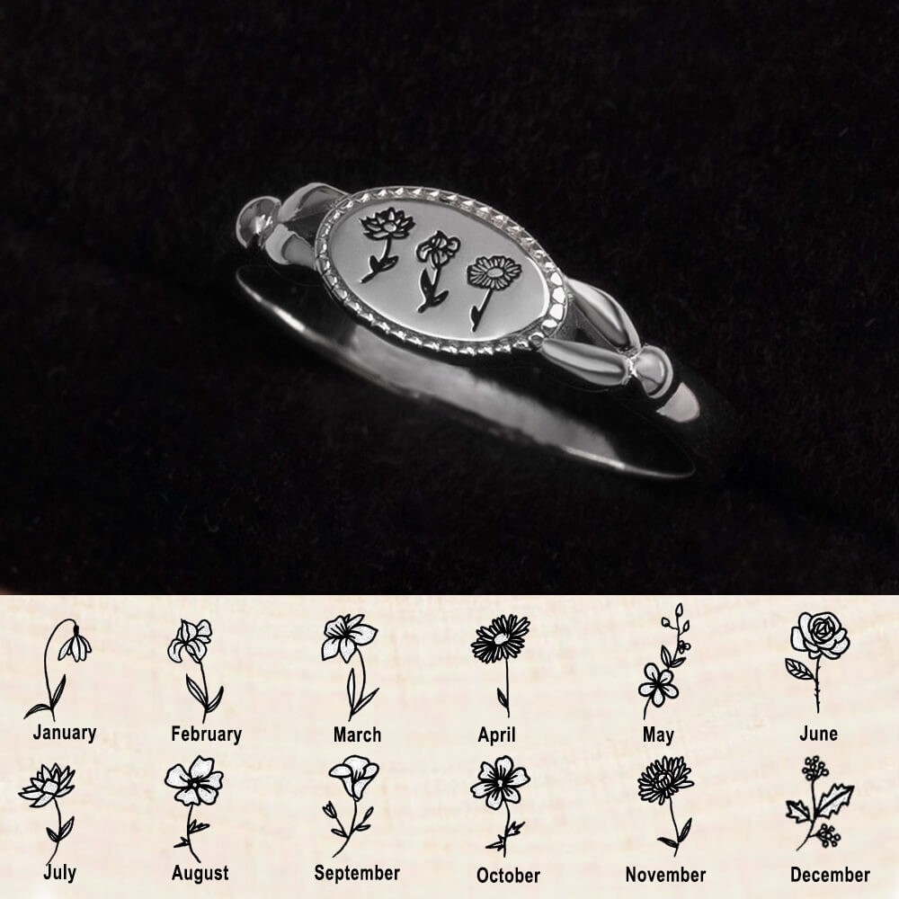 925 Sterling Silver Personalised Birth Flower Ring 3 Flowers