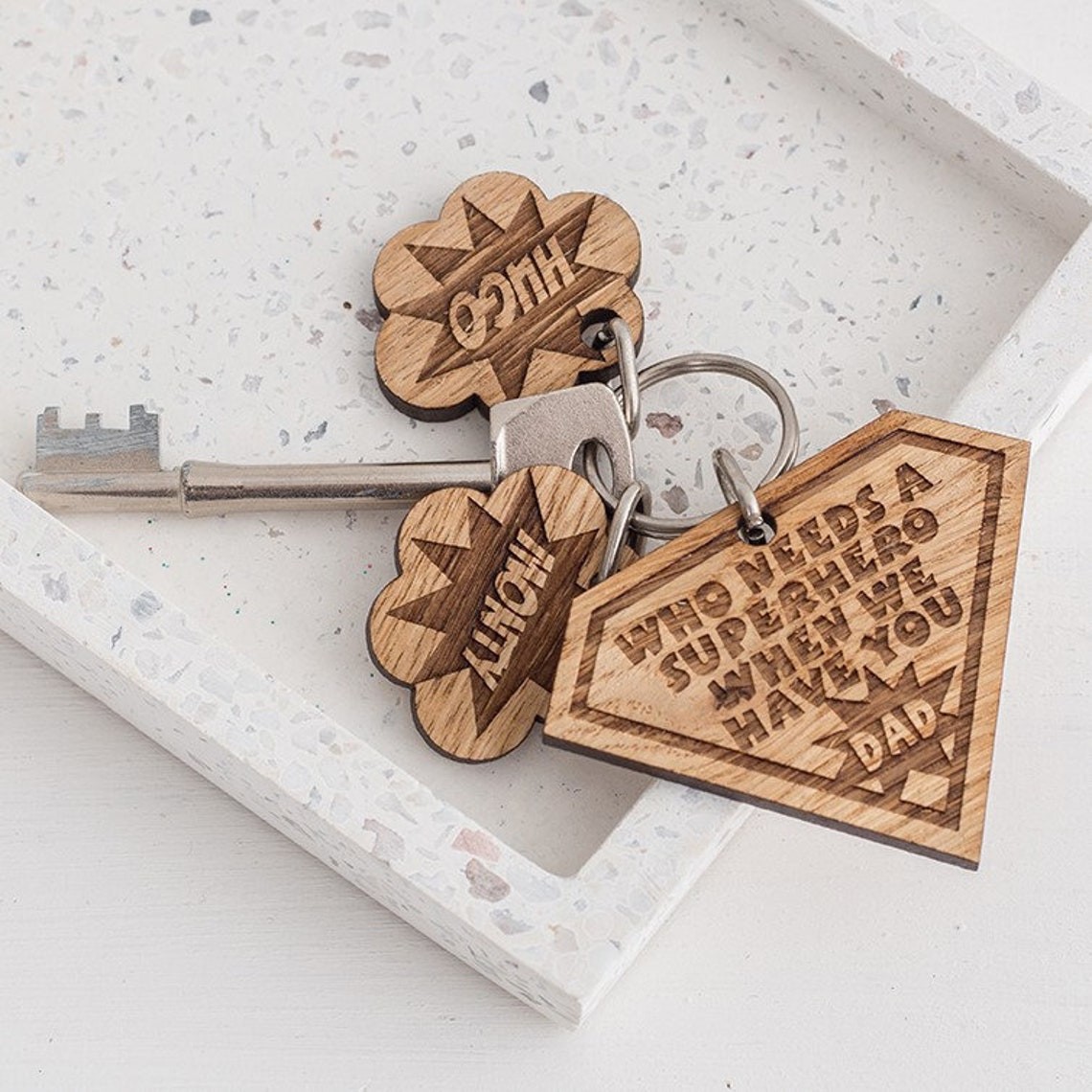 Father's Day Gift Personalised Superhero Dad Wooden Keychain